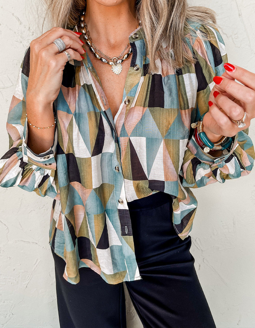 Green Geometric Button Shirt FB