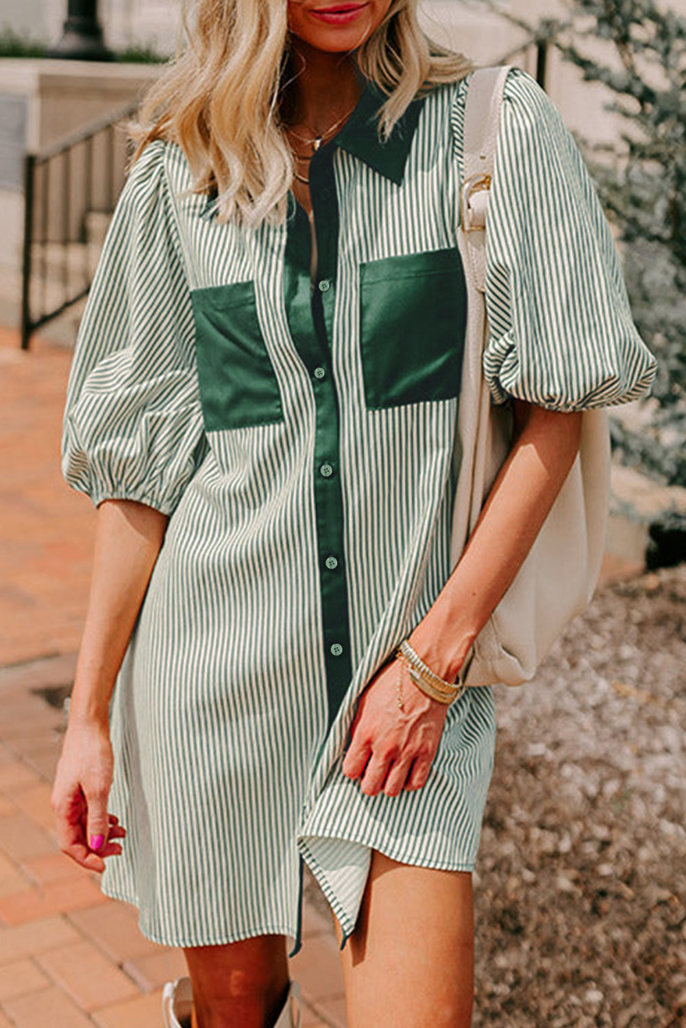 Green Pocket Button Down Dress FB