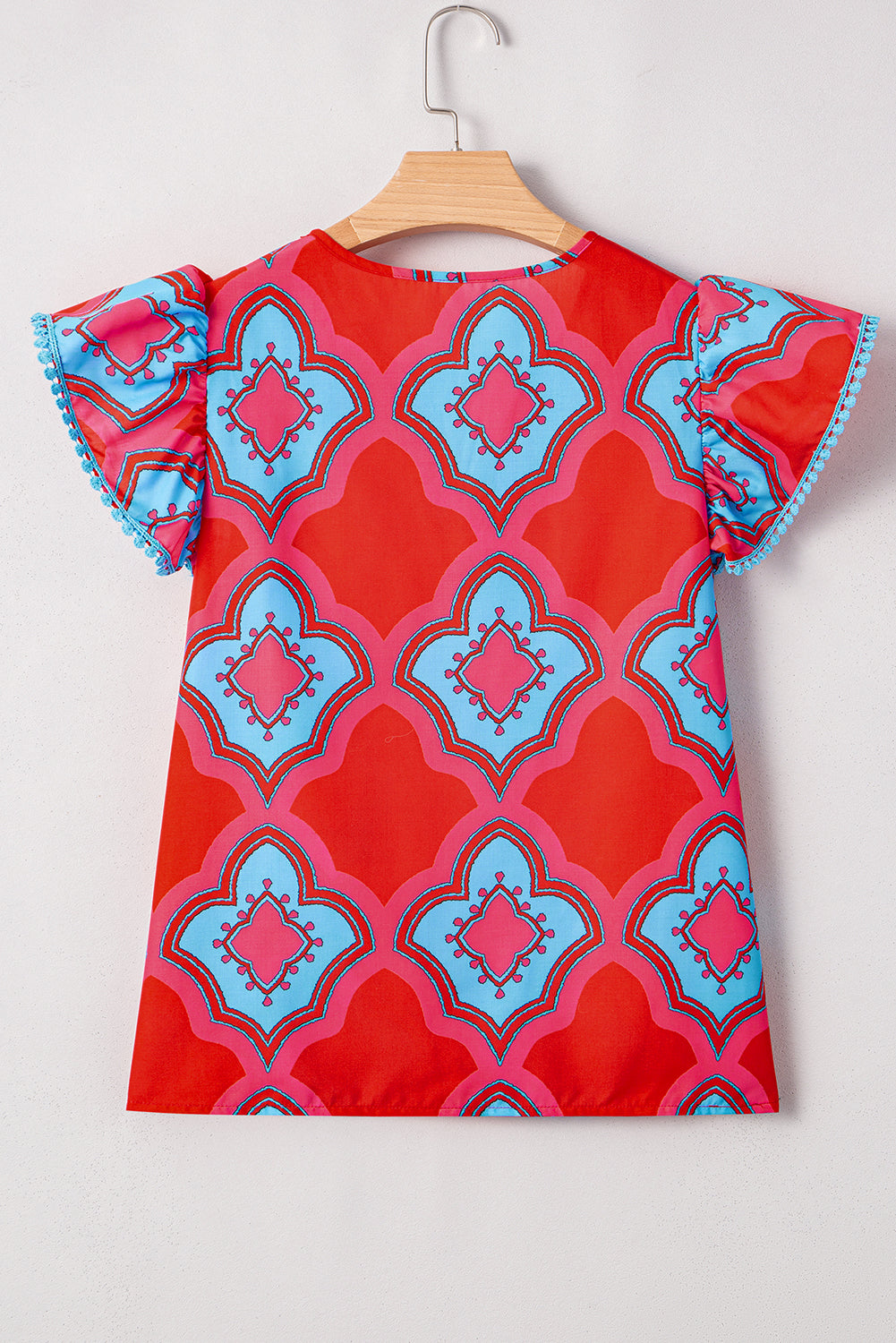 Red Abstract Floral Print Flutter Sleeve Blouse RTS