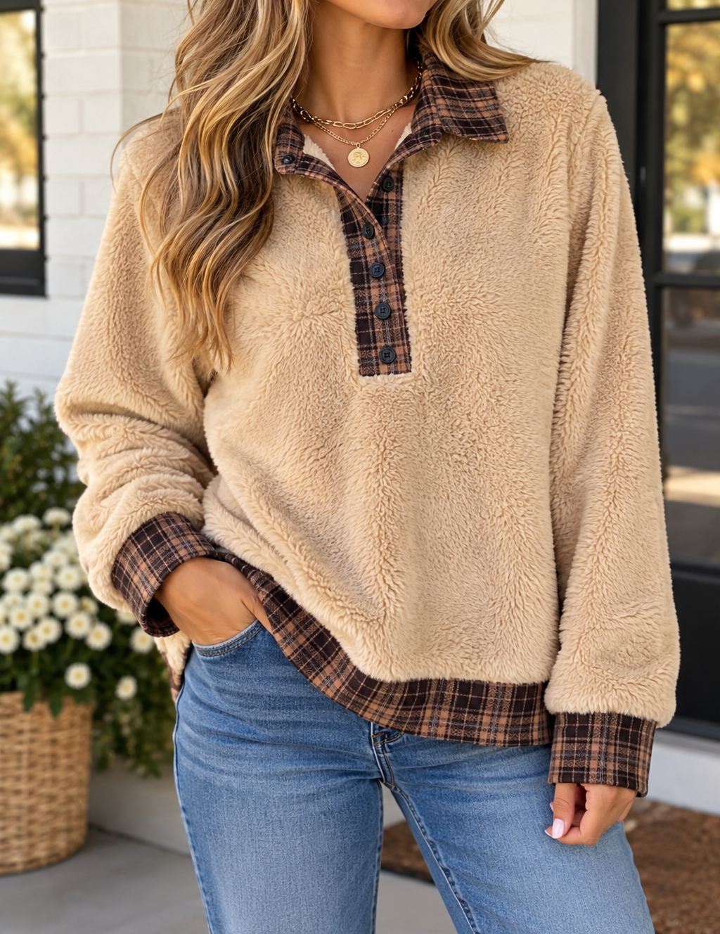 Beige Plaid Collar Pullover