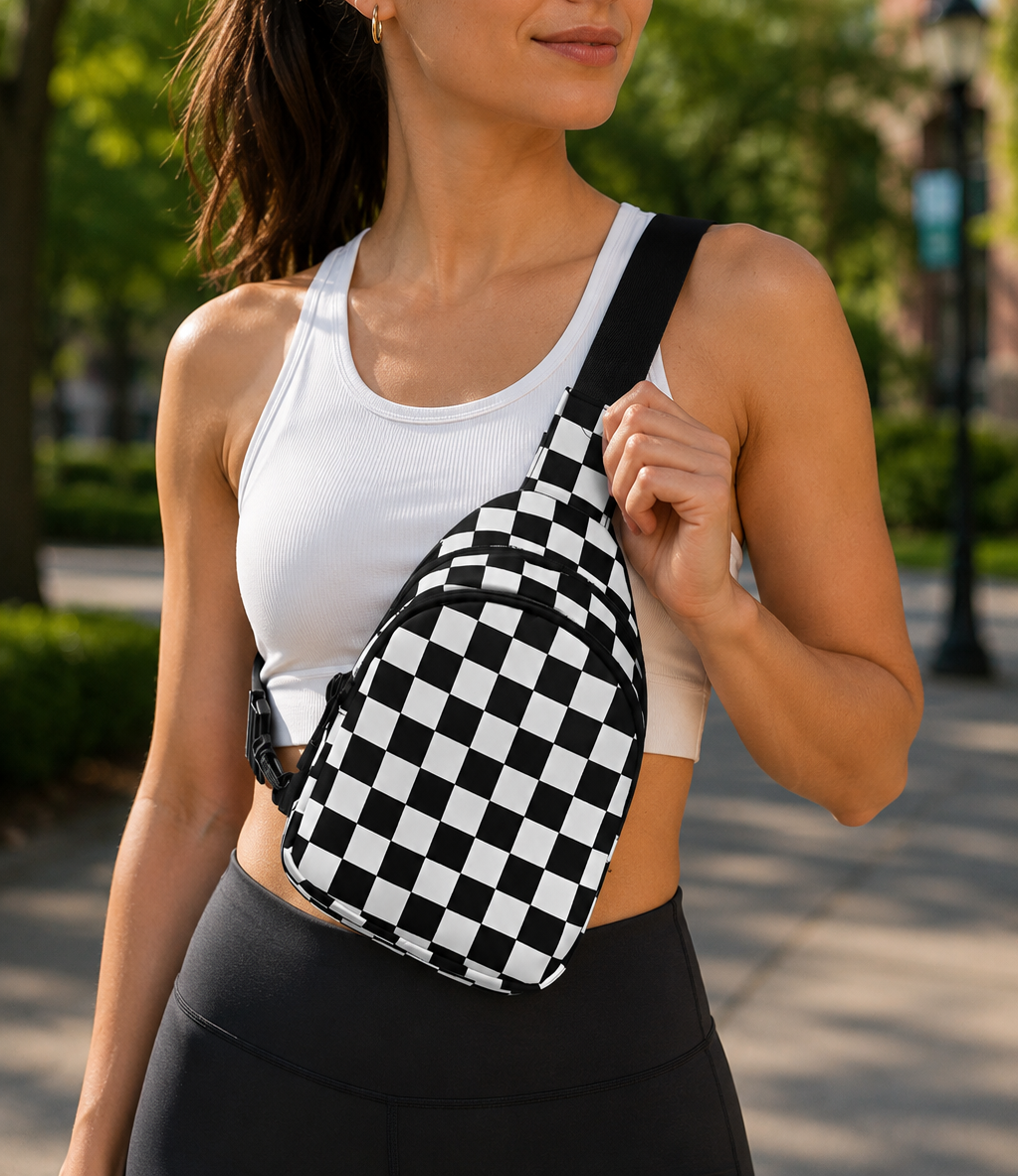 Black Checker Zip Sling Bag