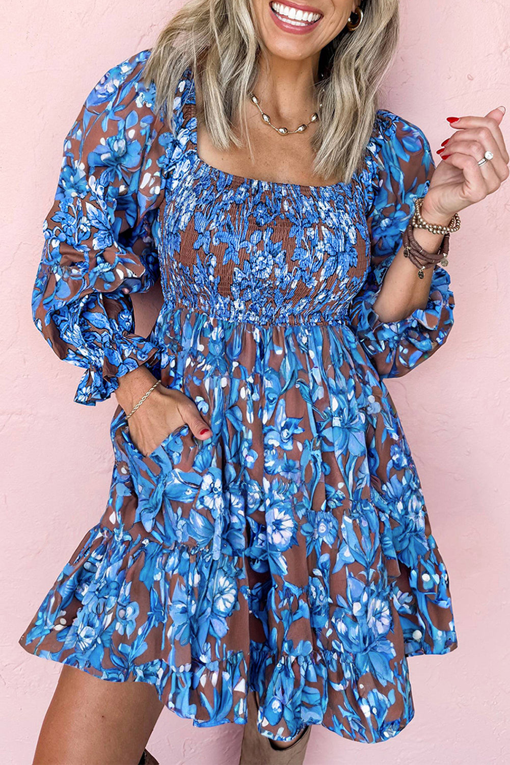Blue Smocked Floral Fall Dress RTS