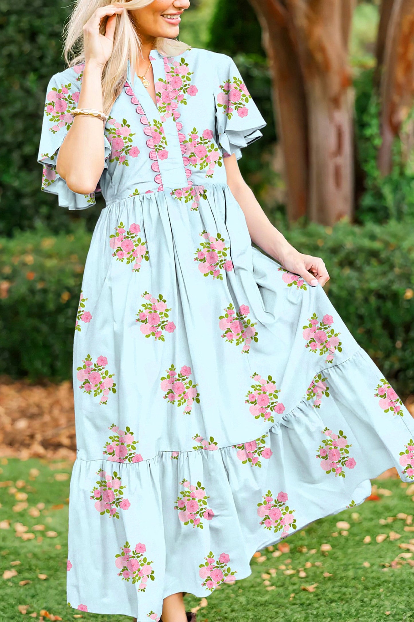 Blue Notched Floral Maxi Dress FB
