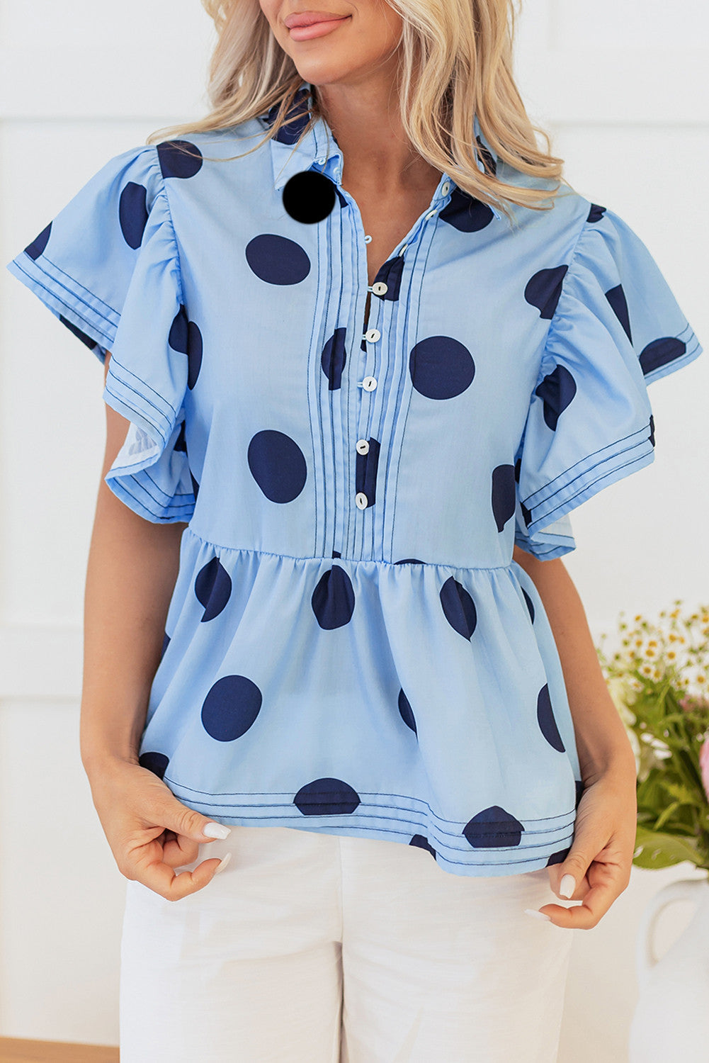 Blue Polka Dot Ruffled Blouse