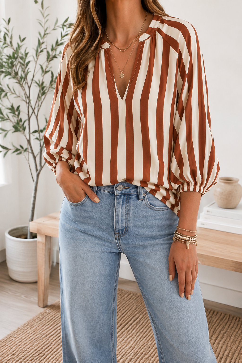 Brown Stripe Casual Blouse