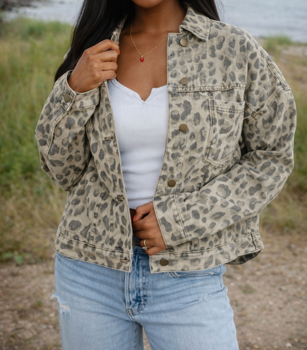 Khaki Retro Leopard Denim Jacket OOTD