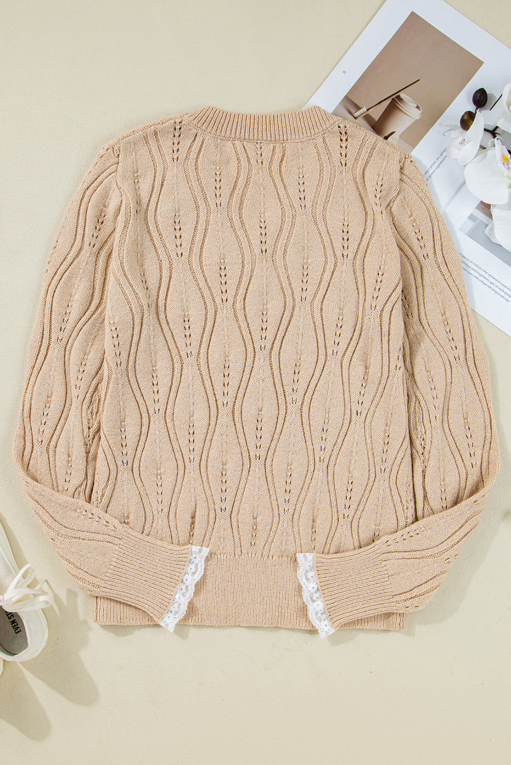 Pearl Beaded Peep Lace Sweater LT