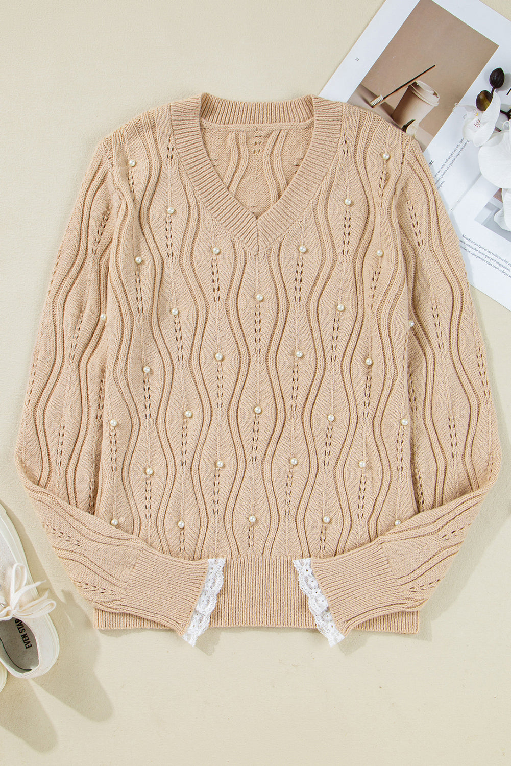 Pearl Beaded Peep Lace Sweater LT