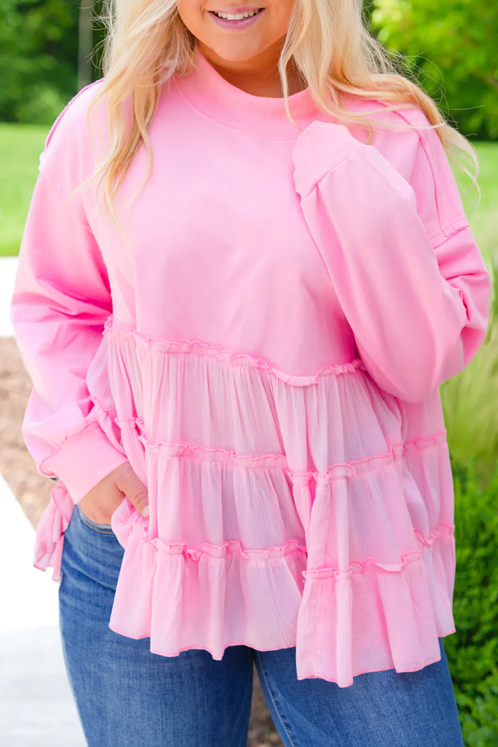 Pink Tiered Plus Size Blouse LT
