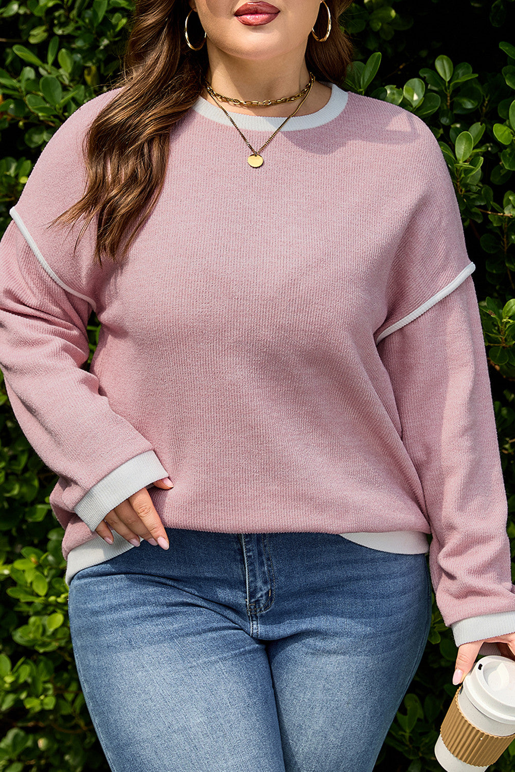 Pink Trim Knit Plus Top FB
