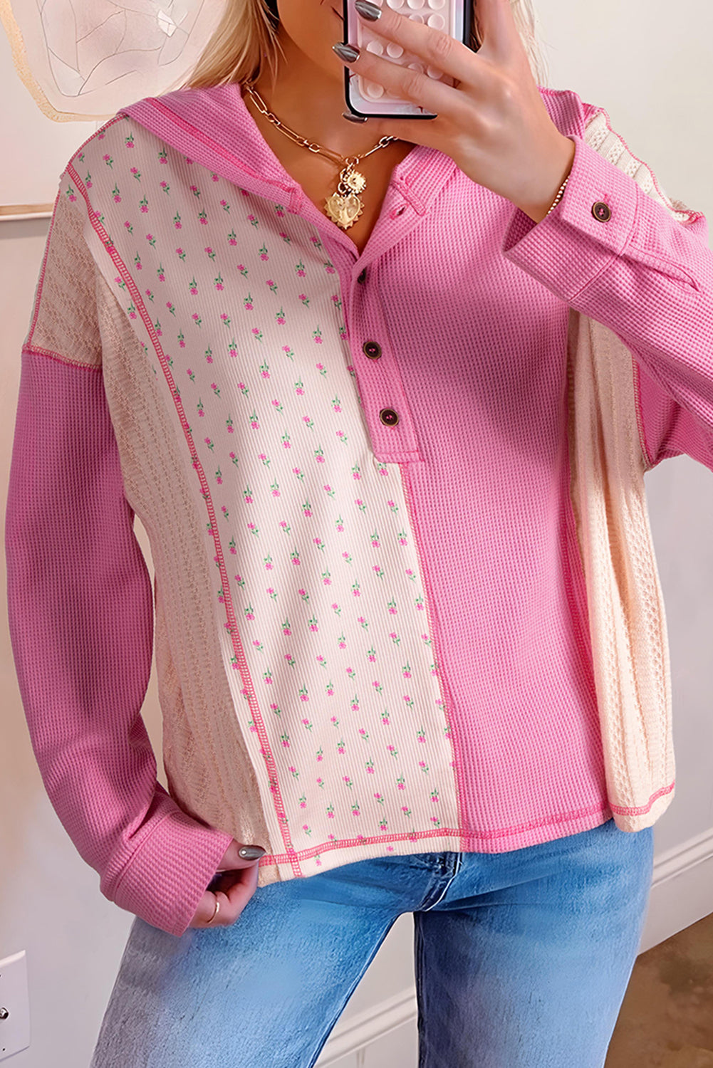 Pink Waffle Patchwork Hoodie LT