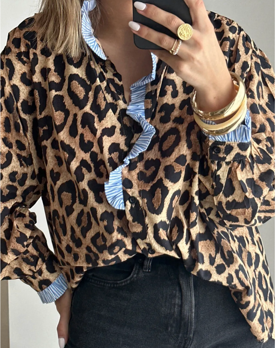 STRIPED FRILLED TRIM LEOPARD TOP OOTD