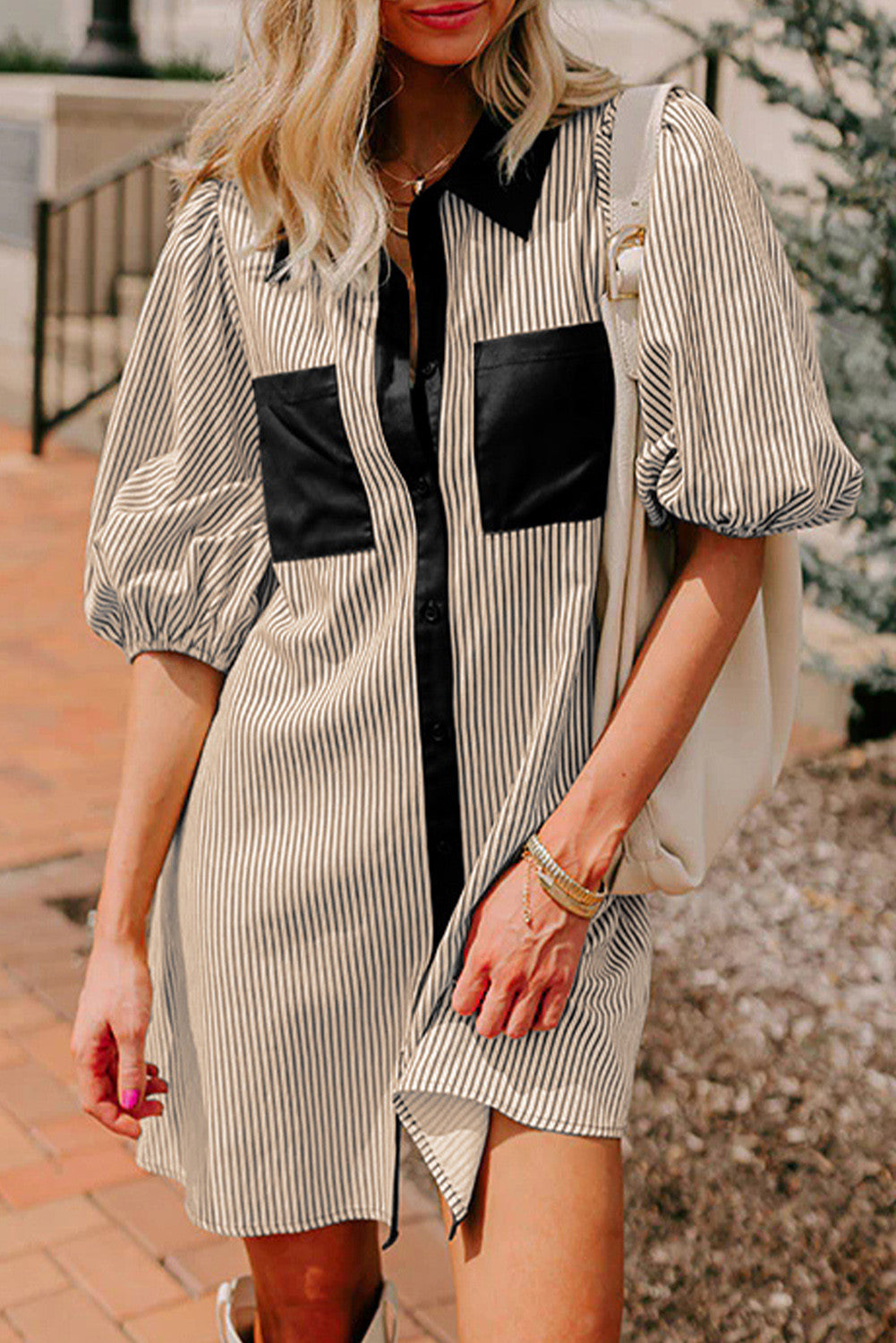Stripe Patchwork Button Dress OOTD