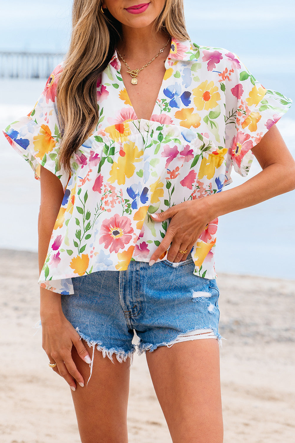 Yellow Floral V Neck Blouse FB