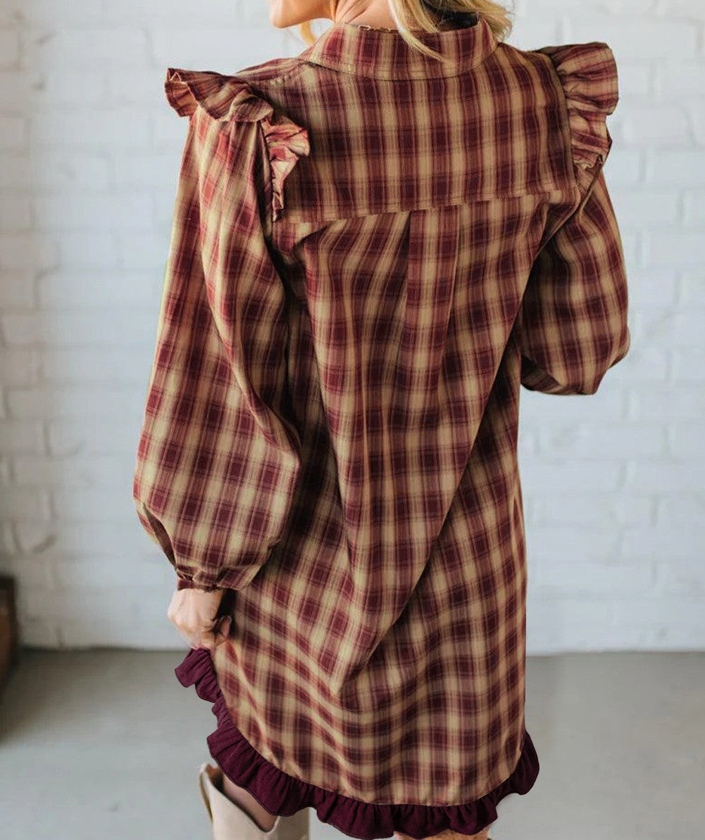 Burgundy Plaid Ruffled Mini Dress