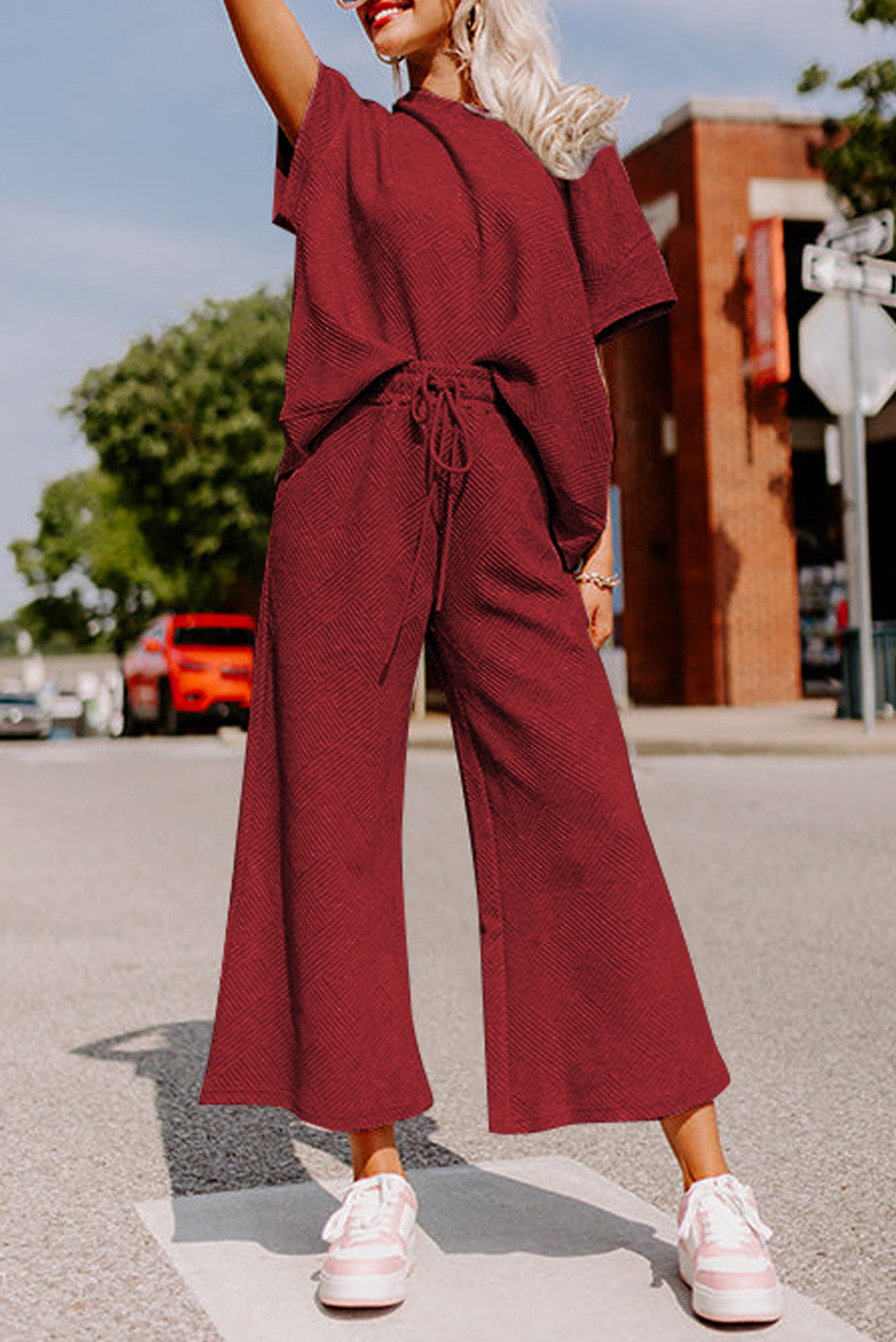 Red Textured Pants Set FB
