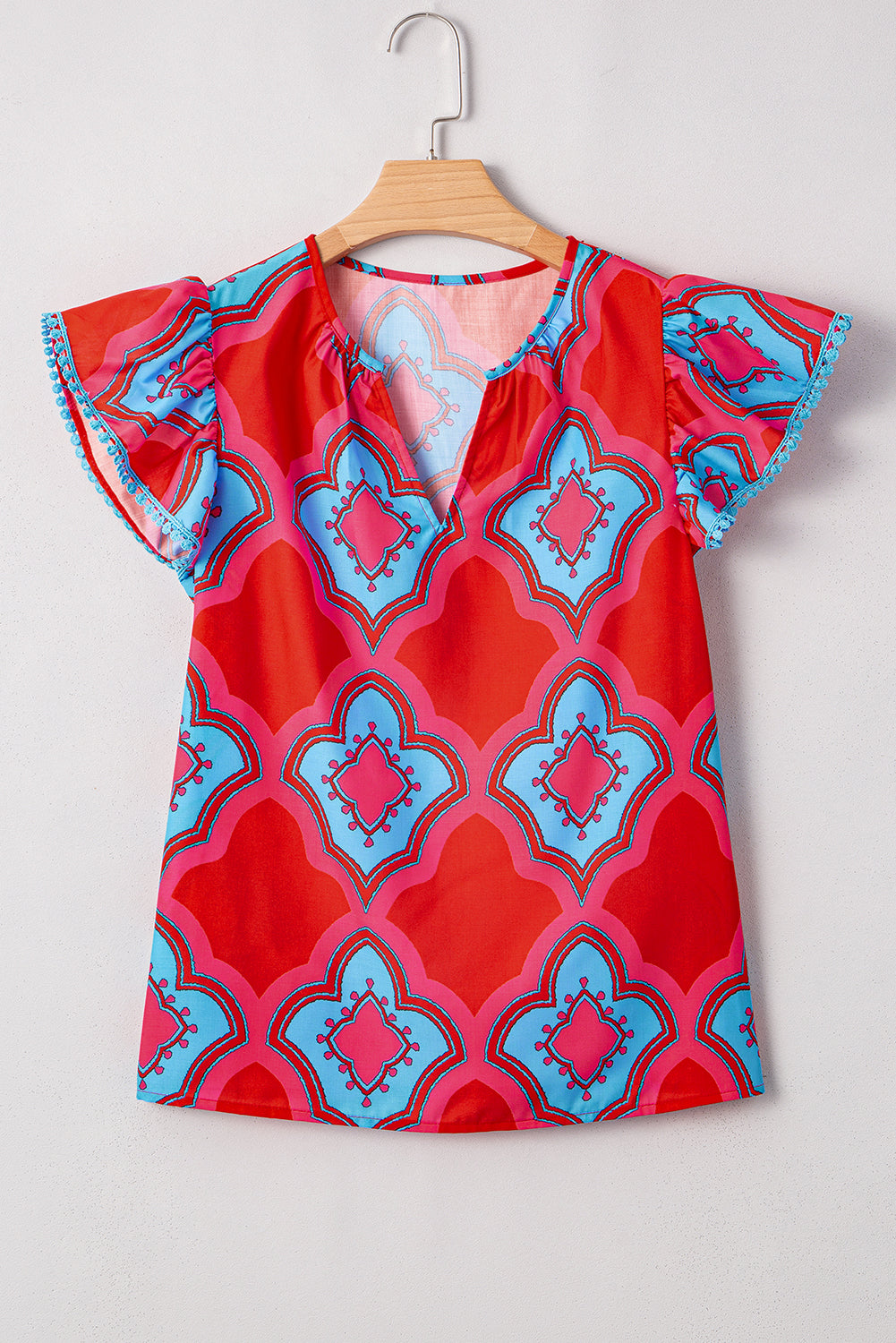 Red Abstract Floral Print Flutter Sleeve Blouse RTS