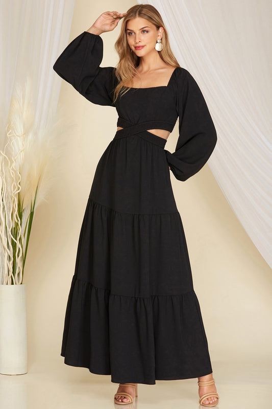 Black Long Sleeve Woven Tiered Maxi Dress With Open Waist Detail