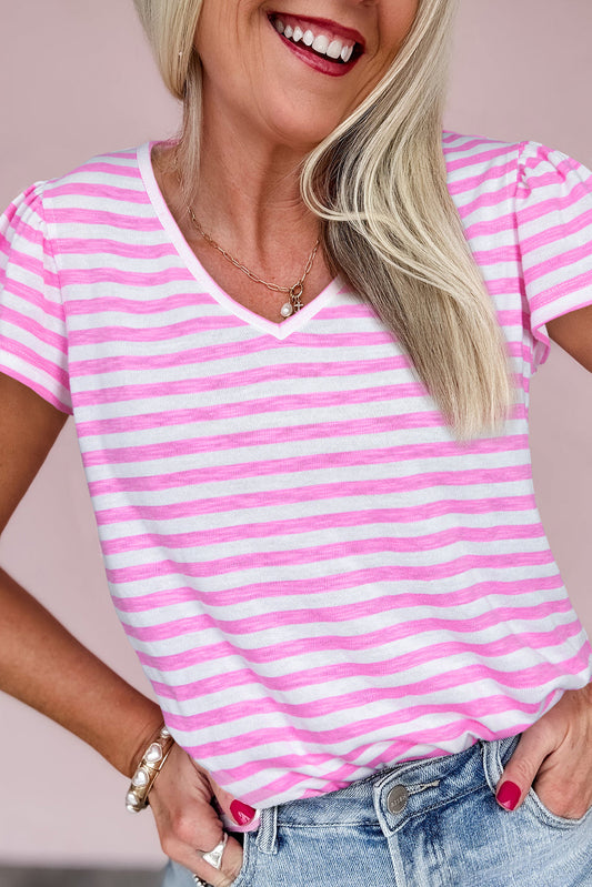 Pink Stripe V Neck Blouse RTS