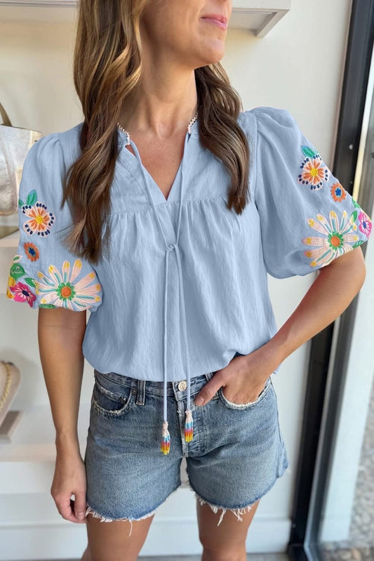 Blue Floral Embroidered Blouse