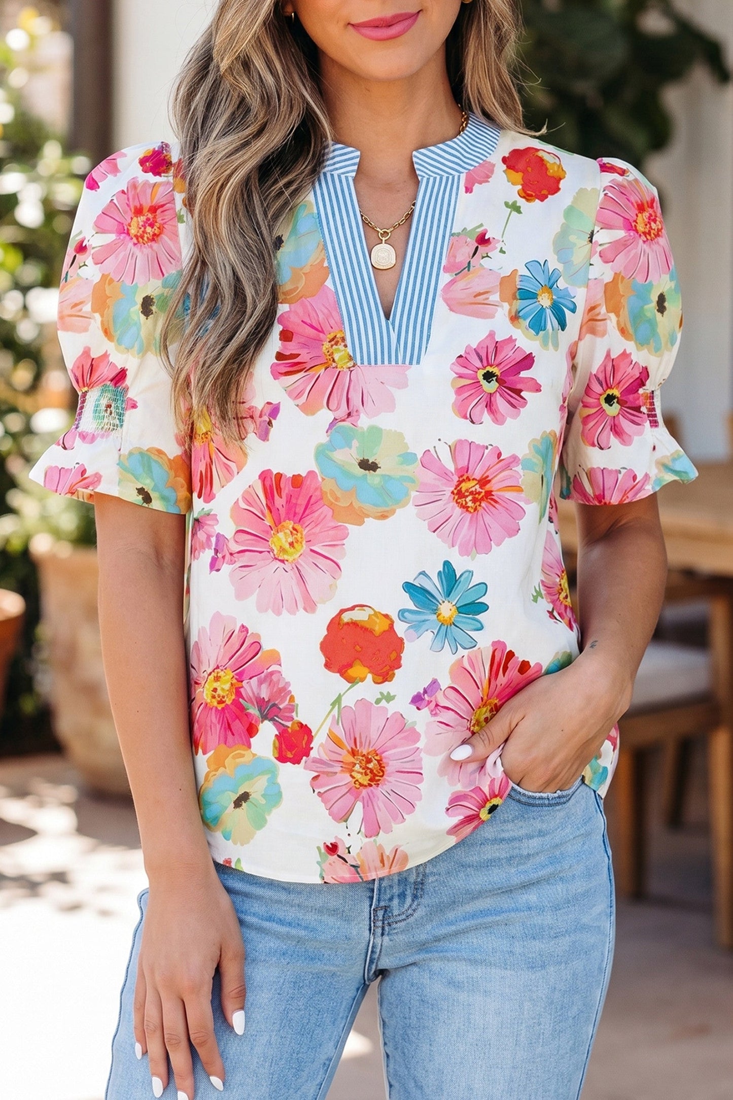 Beige Floral Striped Blouse