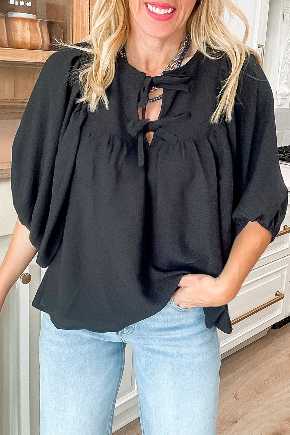Black Bow Tie Casual Blouse FB