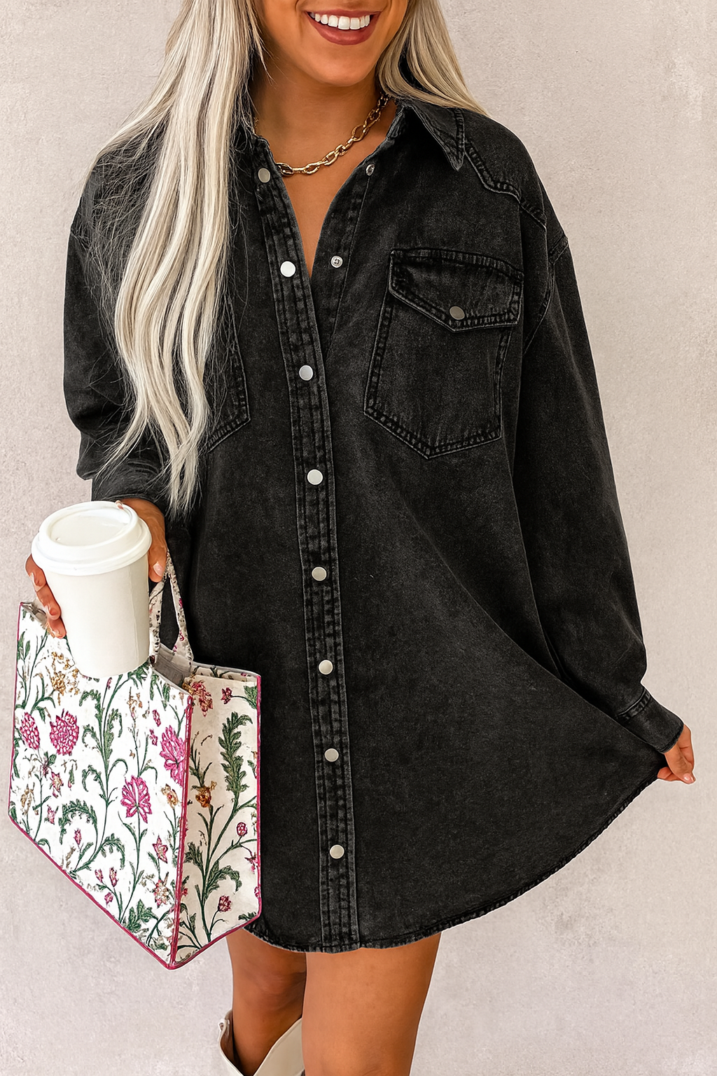 Black Denim Button Dress FB