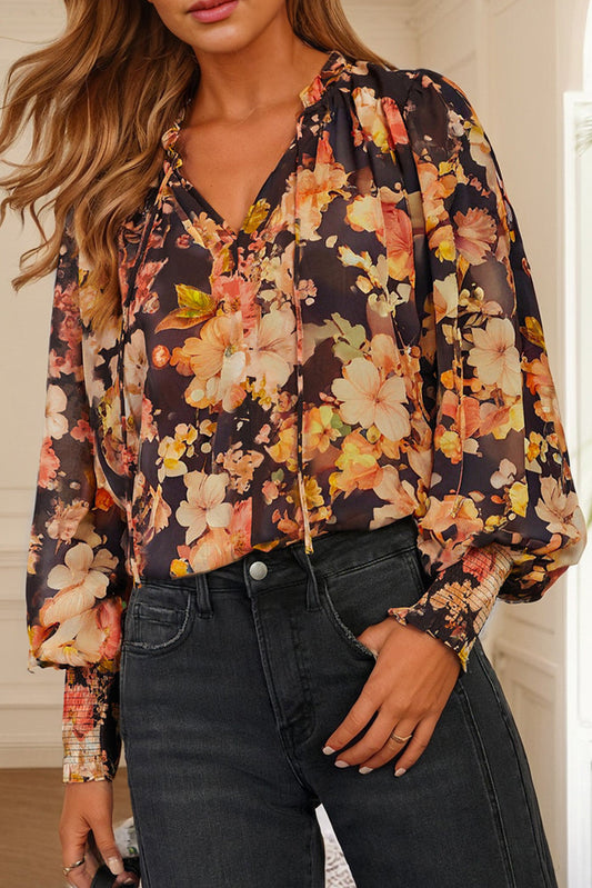 Black Floral Puff Blouse FB