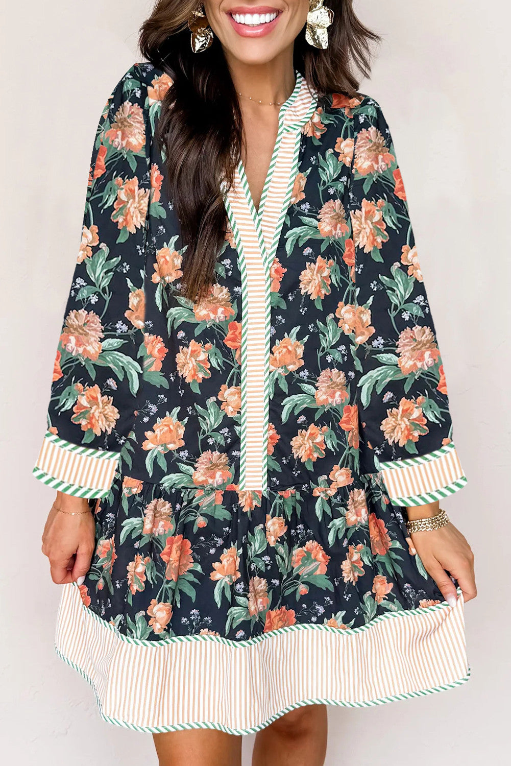 Blue Floral Stripe Trim Dress FB