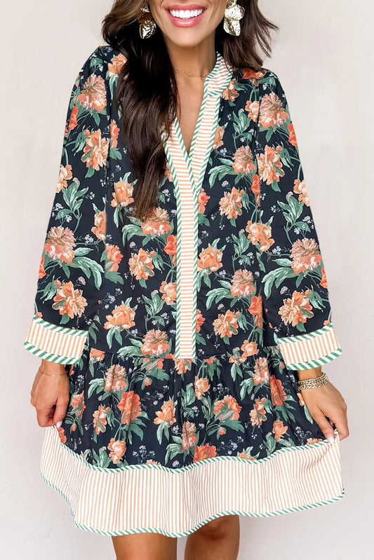 Blue Floral Stripe Trim Dress FB