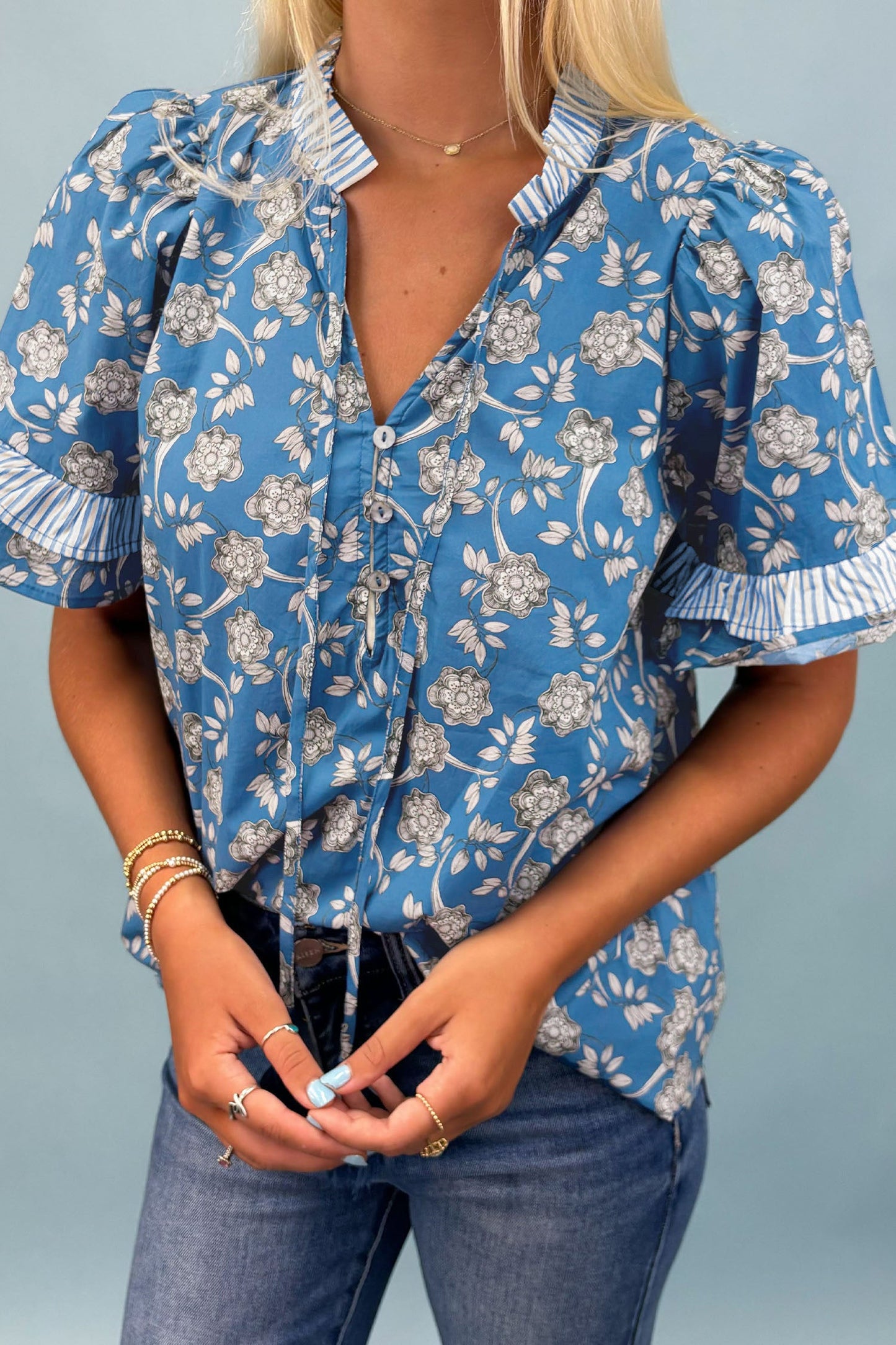 Blue Floral Button Blouse FB