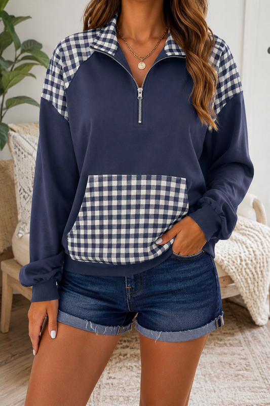Blue Plaid Quarter Zip Sweatshirt