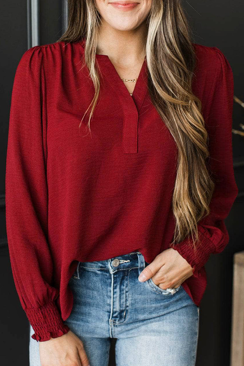 Burgundy Shirred Cuff Blouse LT