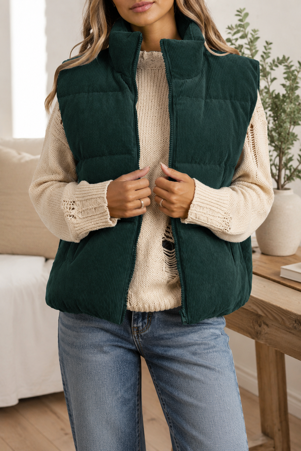 Corduroy Zip Up Puffer Vest