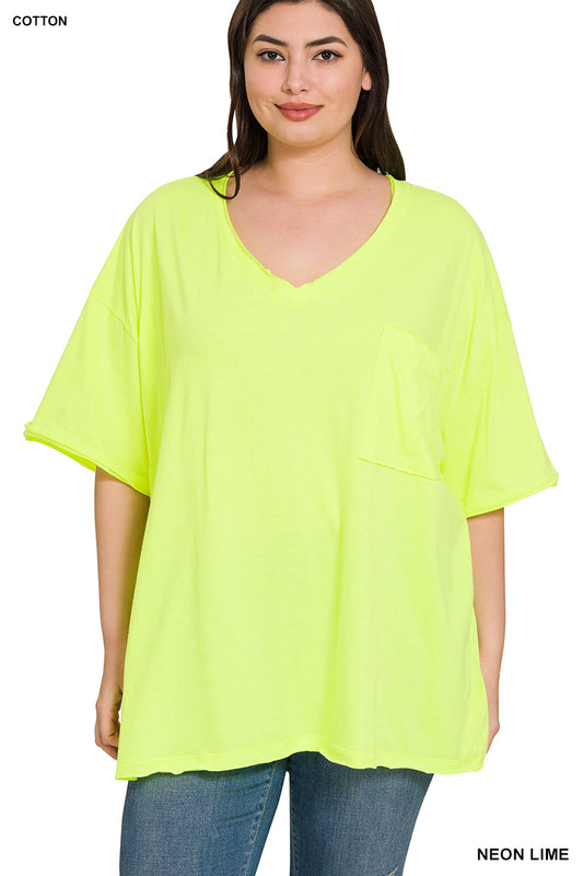Regular Oversized Front Pocket Raw Edge Boyfriend Tee