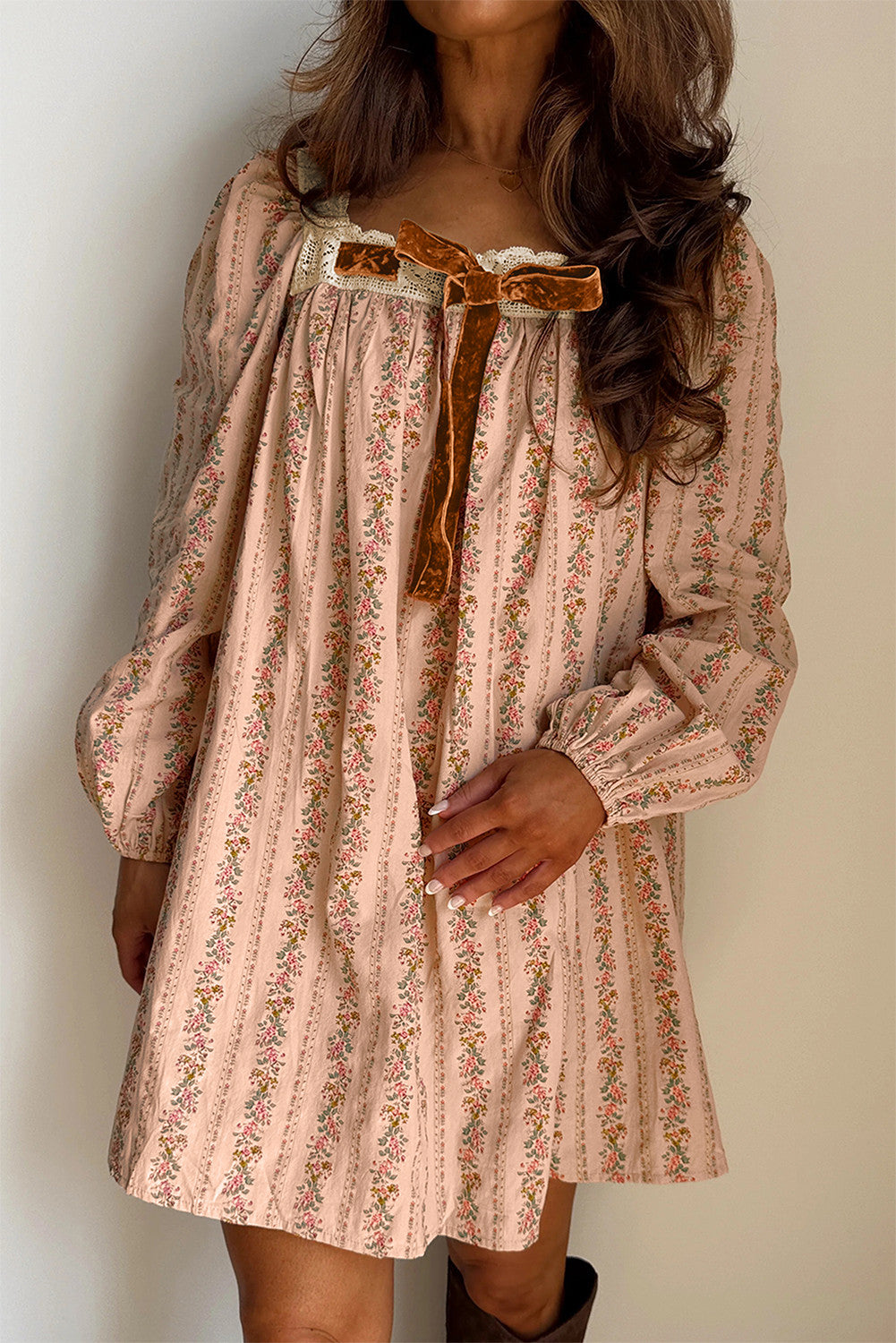 Floral Velvet Bow Loose Mini Dress FB