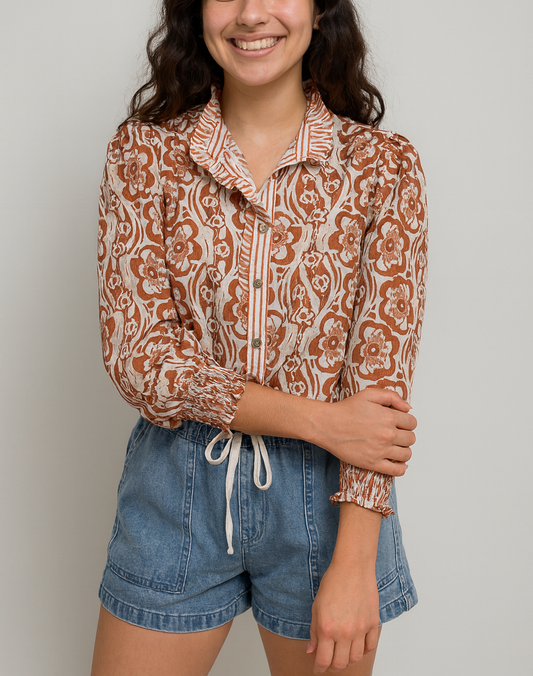 Floral Striped Trim Button Shirt FB