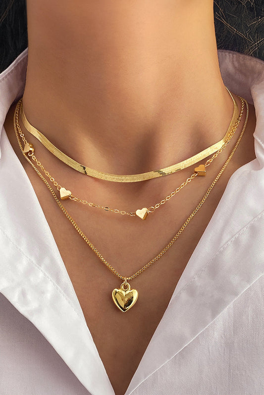 Gold Pleated Heart Layered Necklace FB