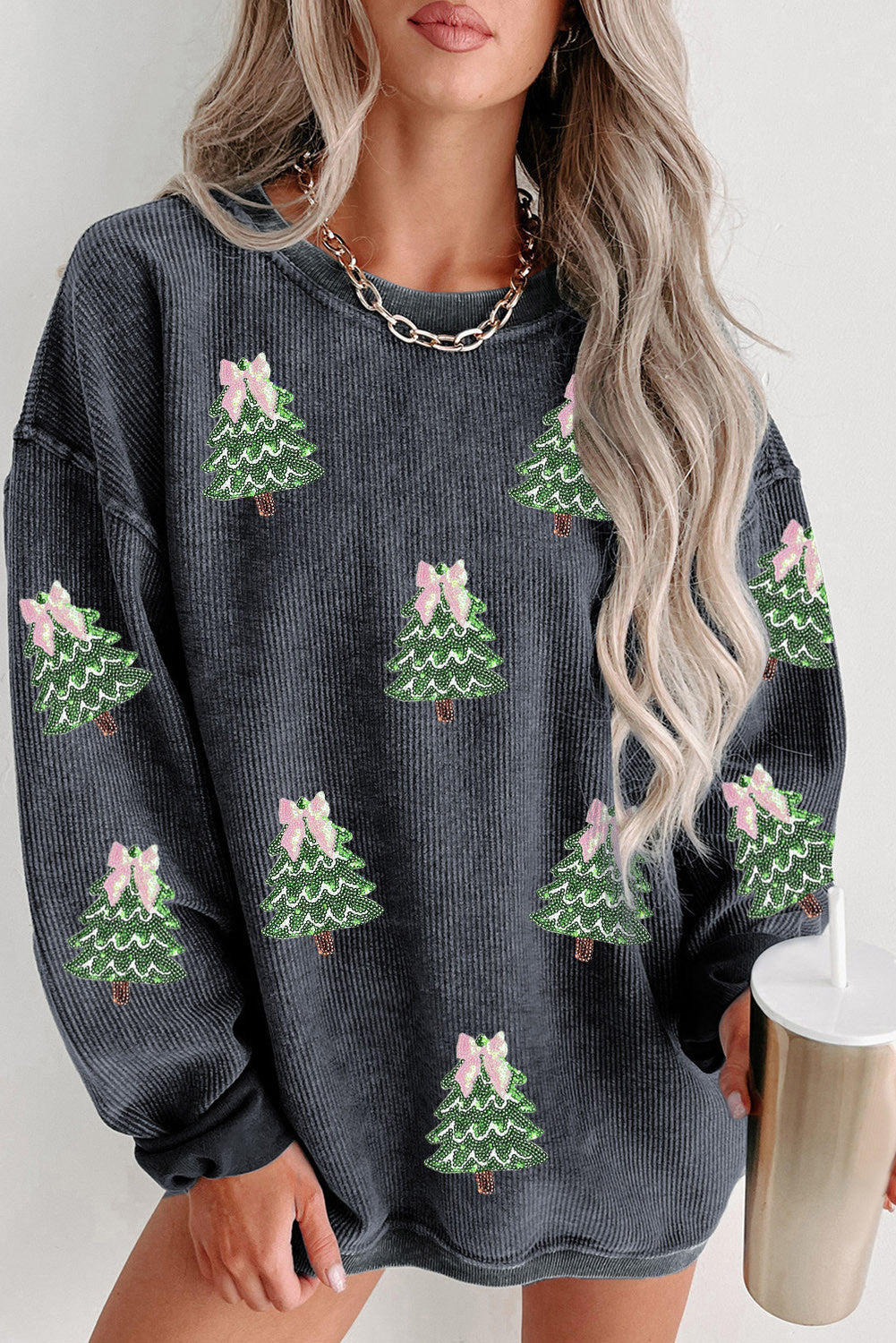 Gray Ribbed Christmas Tree Sweatshirt FB