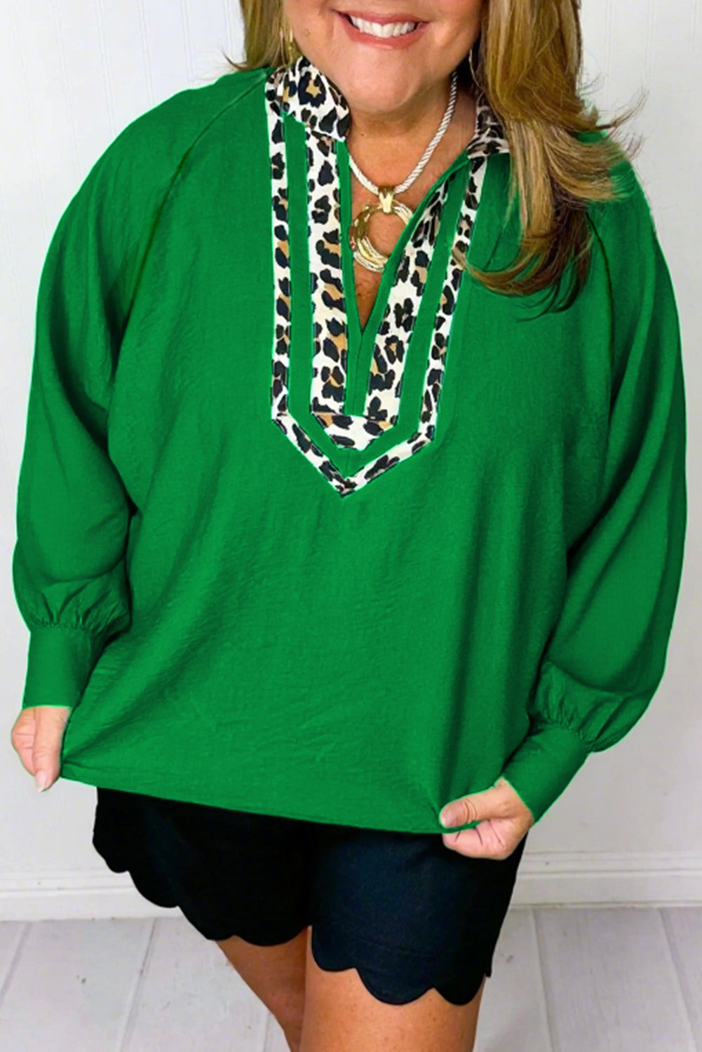 Green Plus Size Leopard Trim Blouse LT