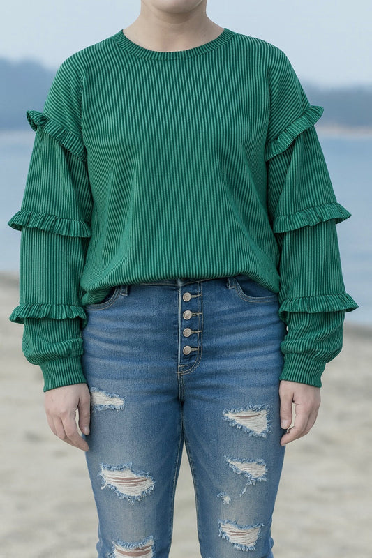 Green Ribbed Ruffle Sleeve Top FB