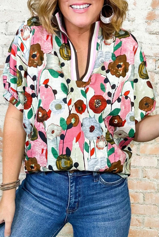 Floral Stripe Collar Blouse- Pink