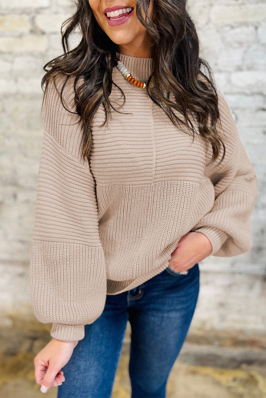 Khaki Mixed Texture Puff Sweater FB