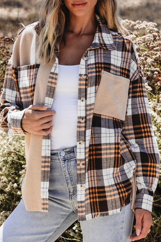 Khaki Plaid Patchwork Shacket FB