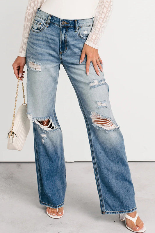 Mid Rise Distressed Straight Jeans LT