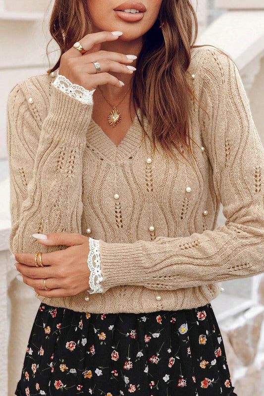 Pearl Beaded Peep Lace Sweater LT