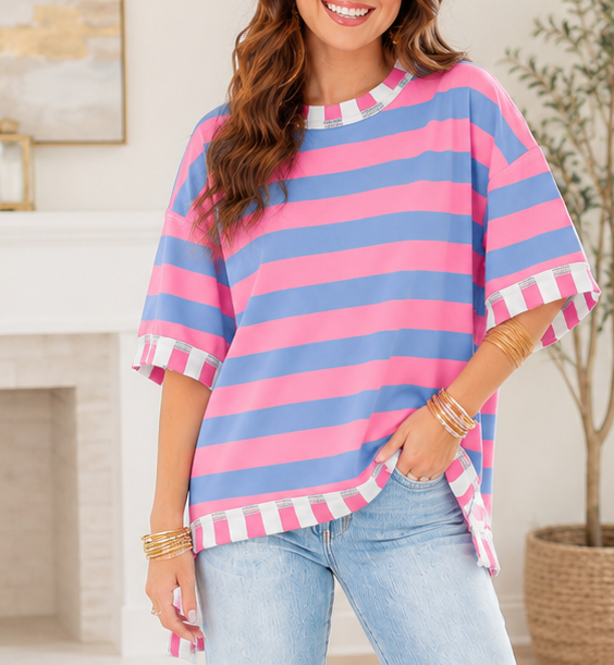Stripe Exposed Seam Oversized Top