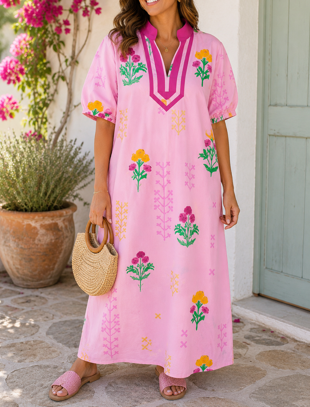 Pink Floral V Neck Dress