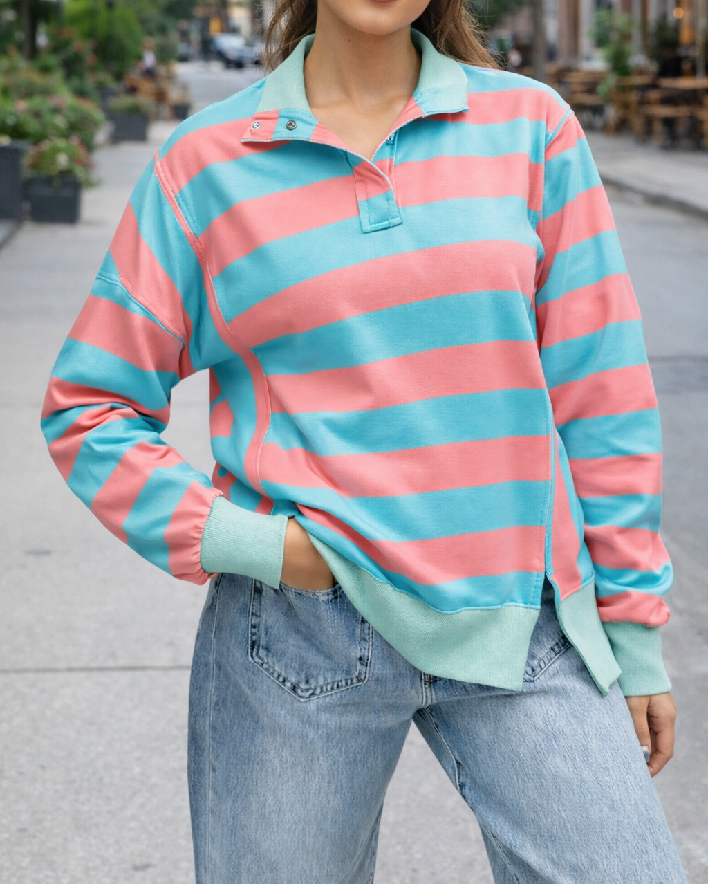 Pink Stripe Colorblock Buttoned Top FB