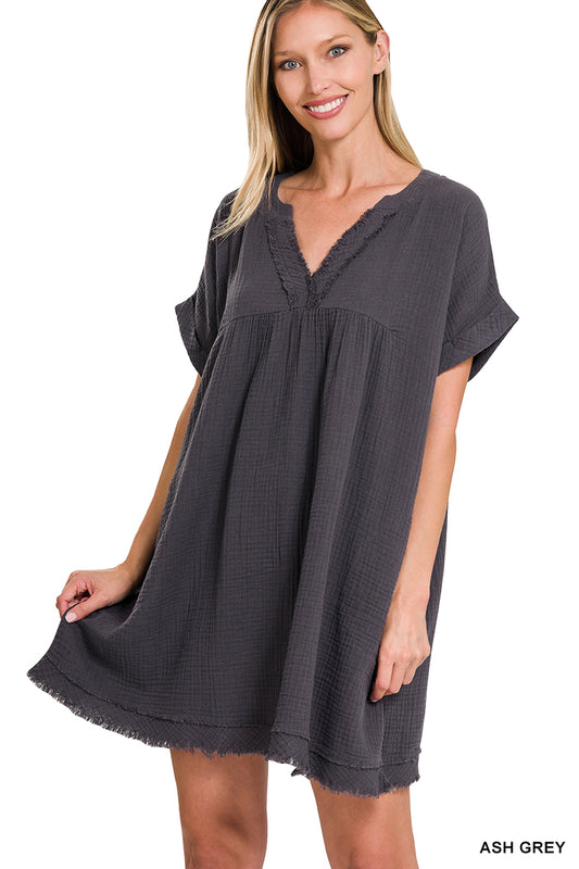 Regular Gauze Raw Edge V-Neck Dress - 2 colors available